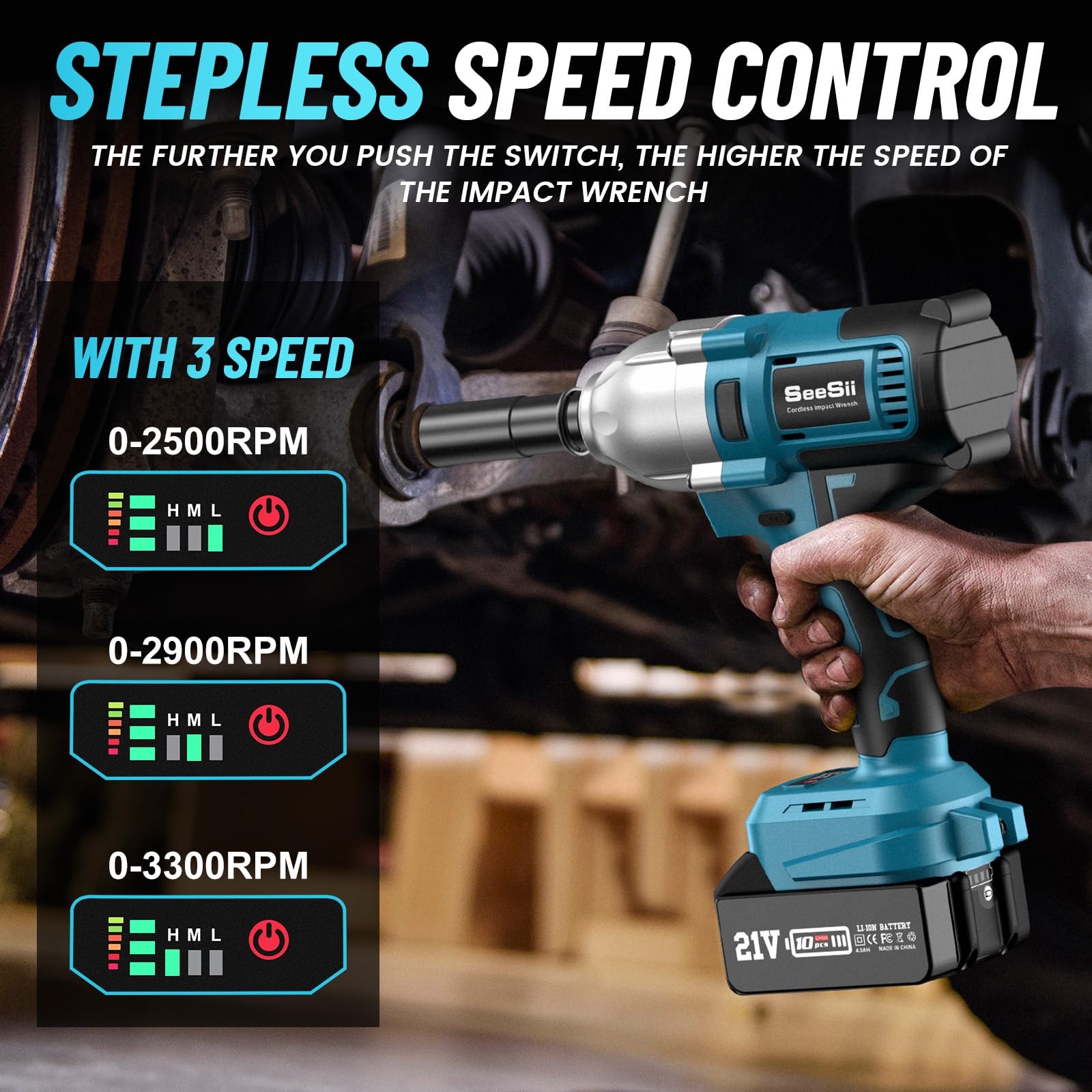 Seesii Cordless Electric Impact Wrench 1/2 inch for Car Home, 665Ft-lbs(900N.m) Brushless, 3300RPM High Torque Gun w/ 2x 4.0Ah Battery,Charger & 6 Sockets, WH710