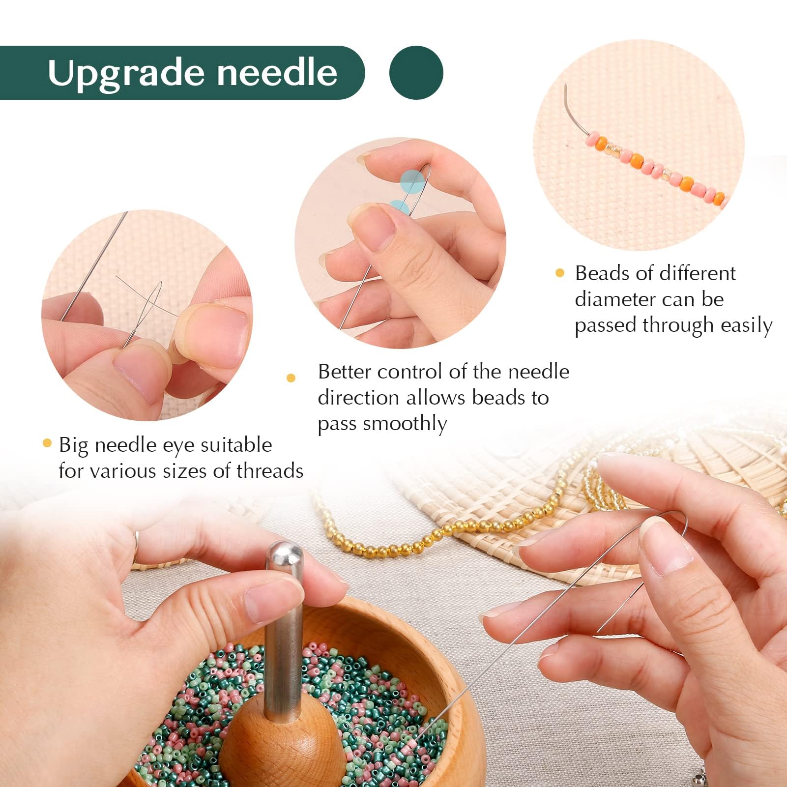 Tilhumt Bead Spinner for Jewelry Making, Effortless Rotating Wooden Clay Bead Spinner with 2 Big Eye Beading Needles and 3000 Seed Beads, Beading Supplies for Making Waist, Bracelets, Necklace