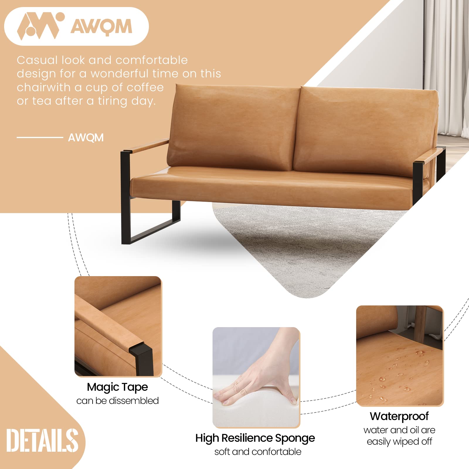 AWQM PU Leather Love Seats Sofa, 45" Mini Upholstered Couch for Small Space, Modern Accent Chair with Armrest and Removable Cushions, 2-Seater Lounge for Living Room, Bedroom, Office (Brown)