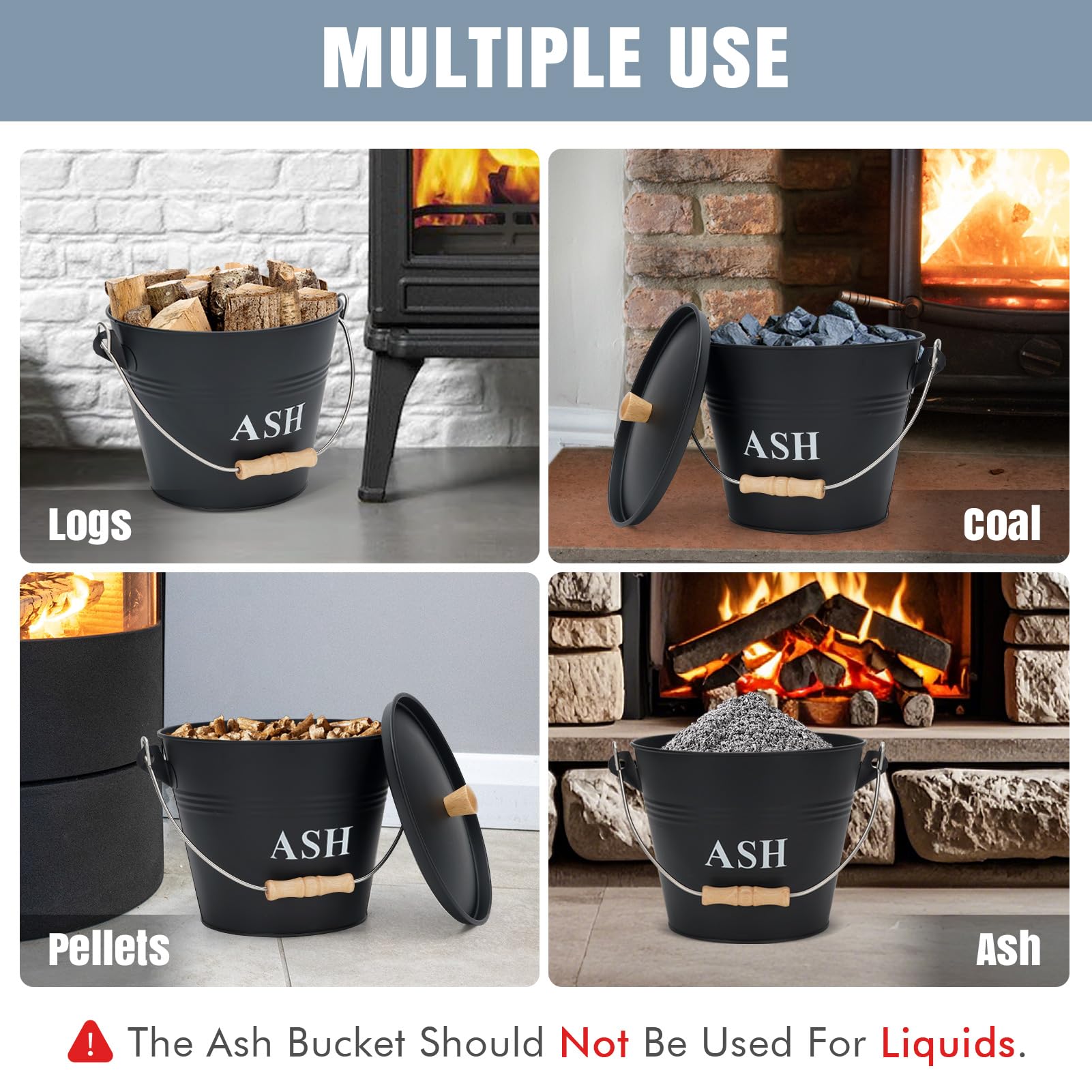 Mini Ash Bucket with Lid, Shovel and Broom, 1.5 Gallon Fireplace Metal Bucket with Lid, Charcoal Bucket and Ash Can for Fireplace, Fire Pits, Hearth, Wood Burning Stoves, Indoor and Outdoor