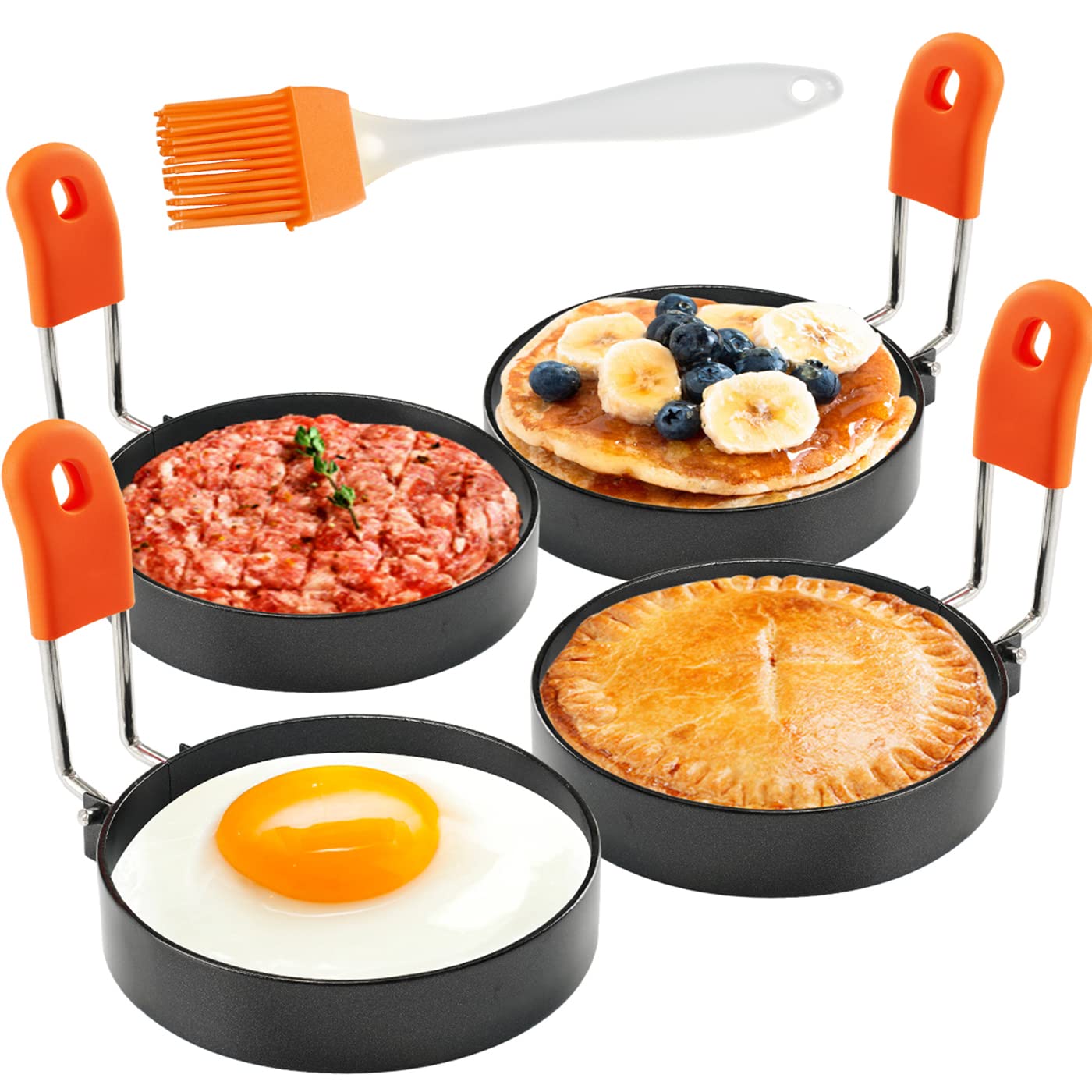 Egg Rings for Frying 4 PCS 3.5 Inch Large Cooking Egg Molds Round Egg Circles, Anti-scald Nonstick Leakproof Egg Mould with Oil Brush