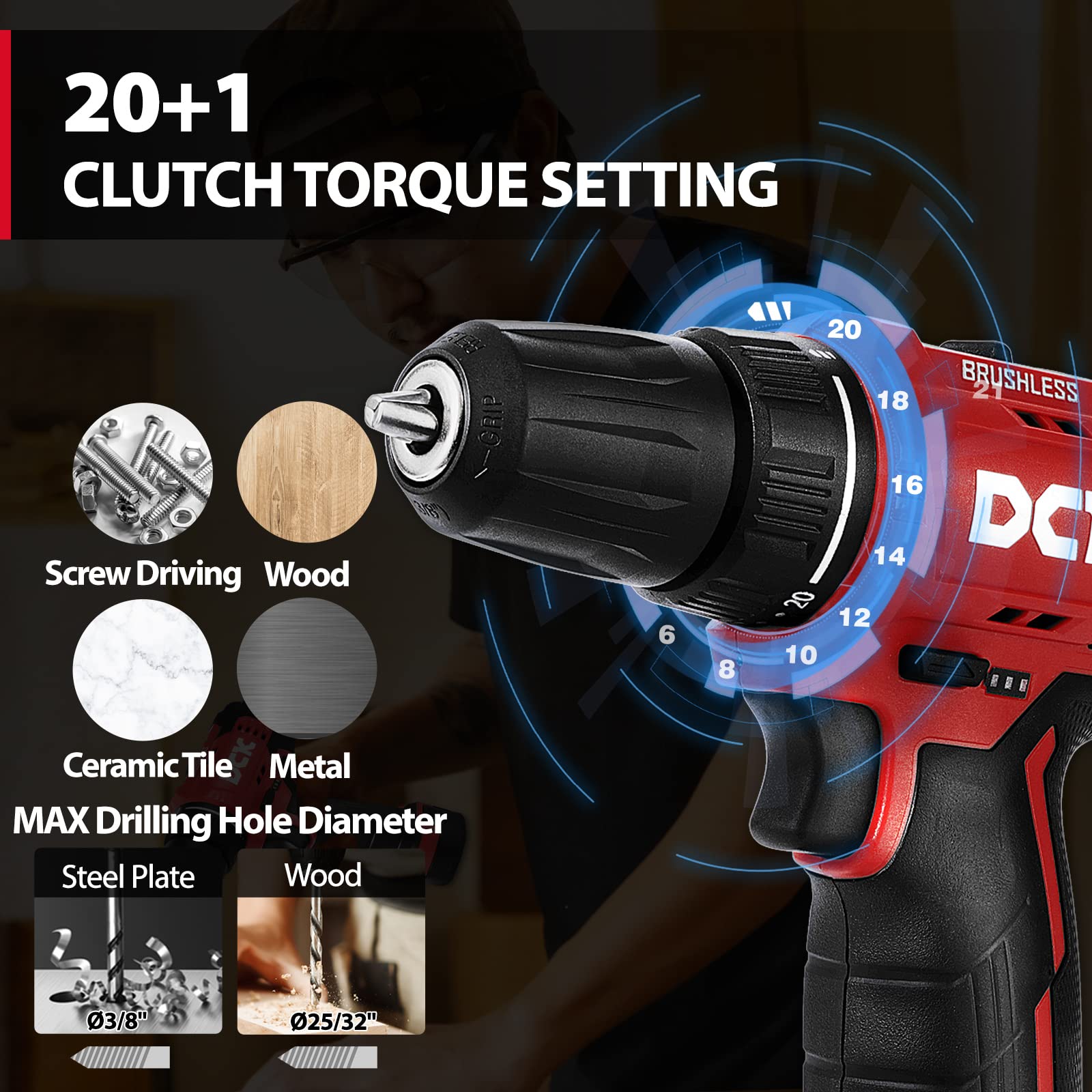 DCK Brushless Drill Set, 310 in.lbs，12V Max Cordless Drill with 2.0Ah Battery, 3/8’’ Keyless Chuck, 2 Variable Speeds, 20+1 Torque Power Tool Kit for Screw Wood/Ceramic/Tile/Metal KDJZ23-10