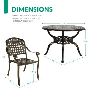 VIVIJASON 5-Piece Outdoor Patio Furniture Dining Set, All-Weather Cast Aluminum Conversation Set, Include 4 Chairs and 38.5" Round Table w/Umbrella Hole for Balcony, Lawn, Garden, Backyard