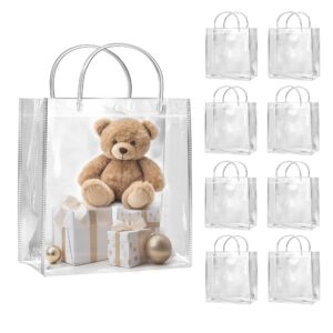 shipkey 10 pack 8”x3.1”x8” clear gift bags, square transparent gift bags with handles, waterproof pvc shopping bags for perfume, bakery, presents, birthday party favor