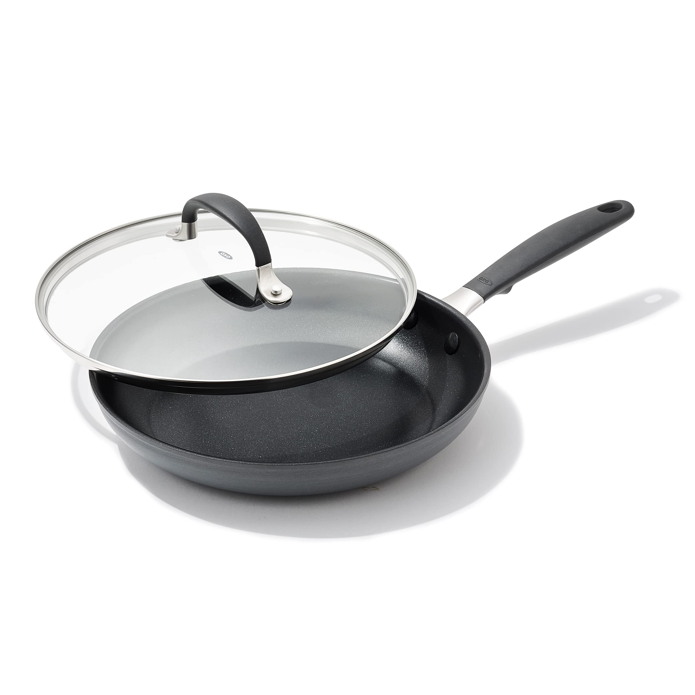 OXO Good Grips 9.5" Frying Pan Skillet with Lid, 3-Layered German Engineered Nonstick Coating, Stainless Steel Handle with Nonslip Silicone, Black