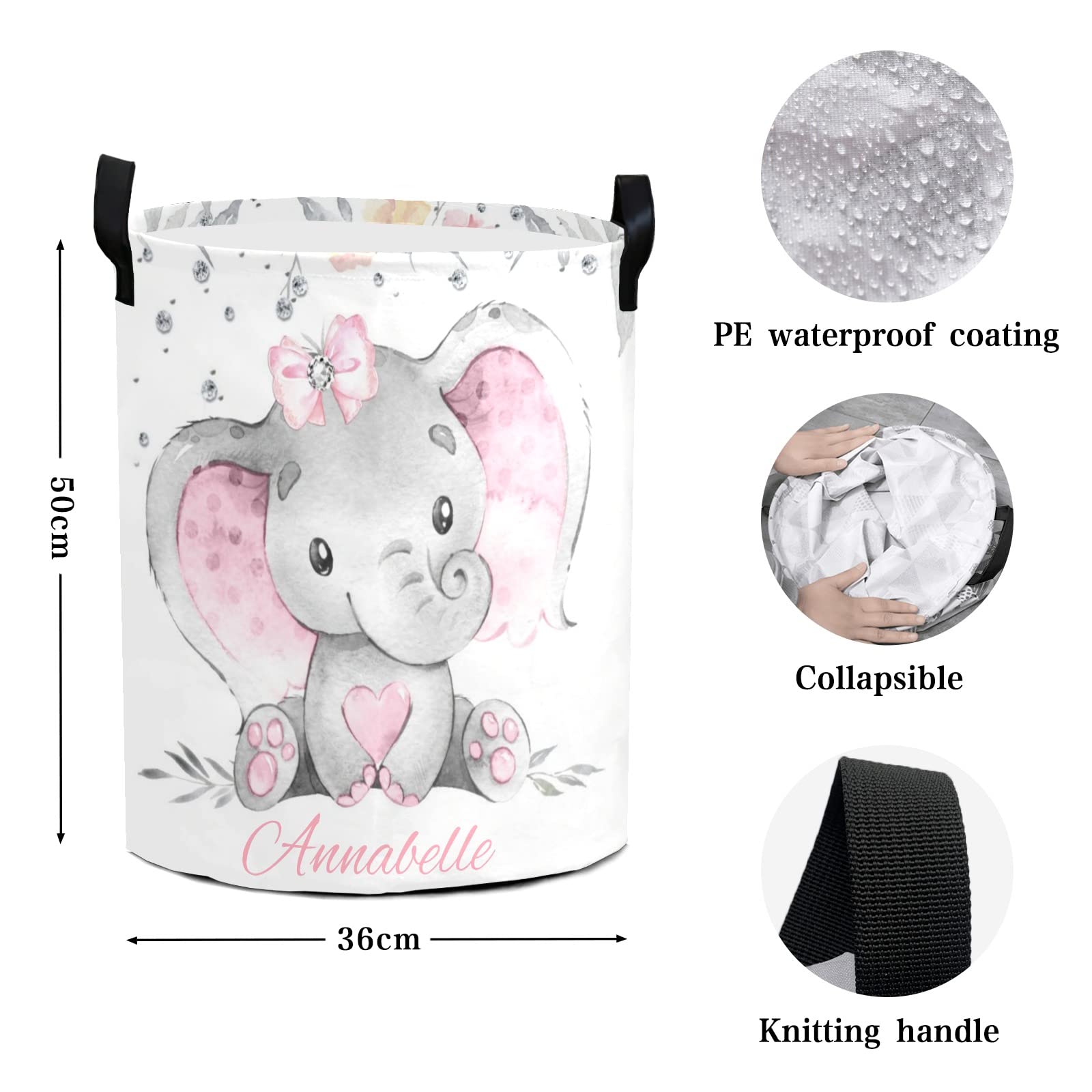 Pink Gray Elephant Diamond Personalized Waterproof Foldable Laundry Basket Bag with Handle, Custom Collapsible Clothes Hamper Storage Bin for Toys Laundry Dorm Travel Bathroom