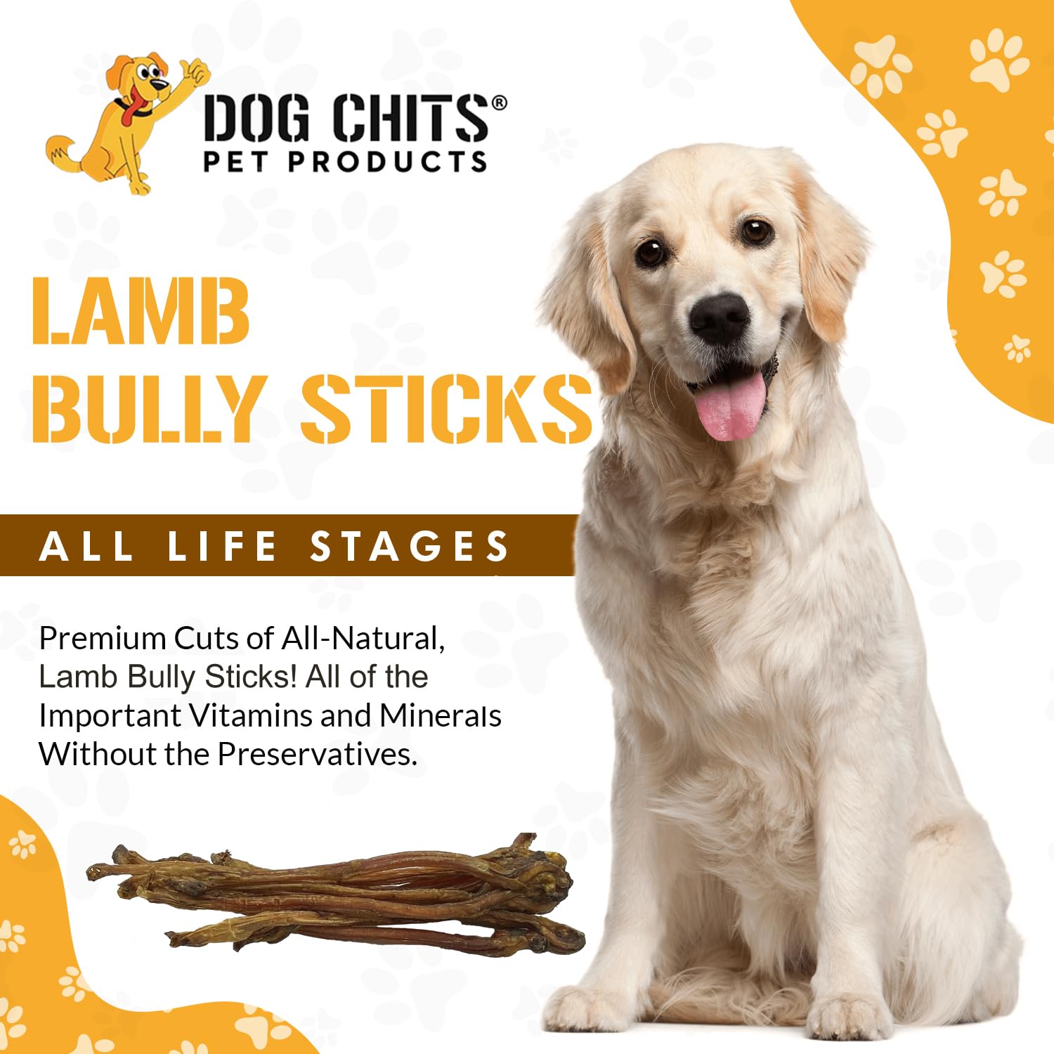 Dog Chits Lamb Bully Sticks for Dogs and Puppies | 8 oz (12 Pieces+) | Natural Healthy Long Lasting Chew for Large and Small Dogs Protein Treats | Odor Free