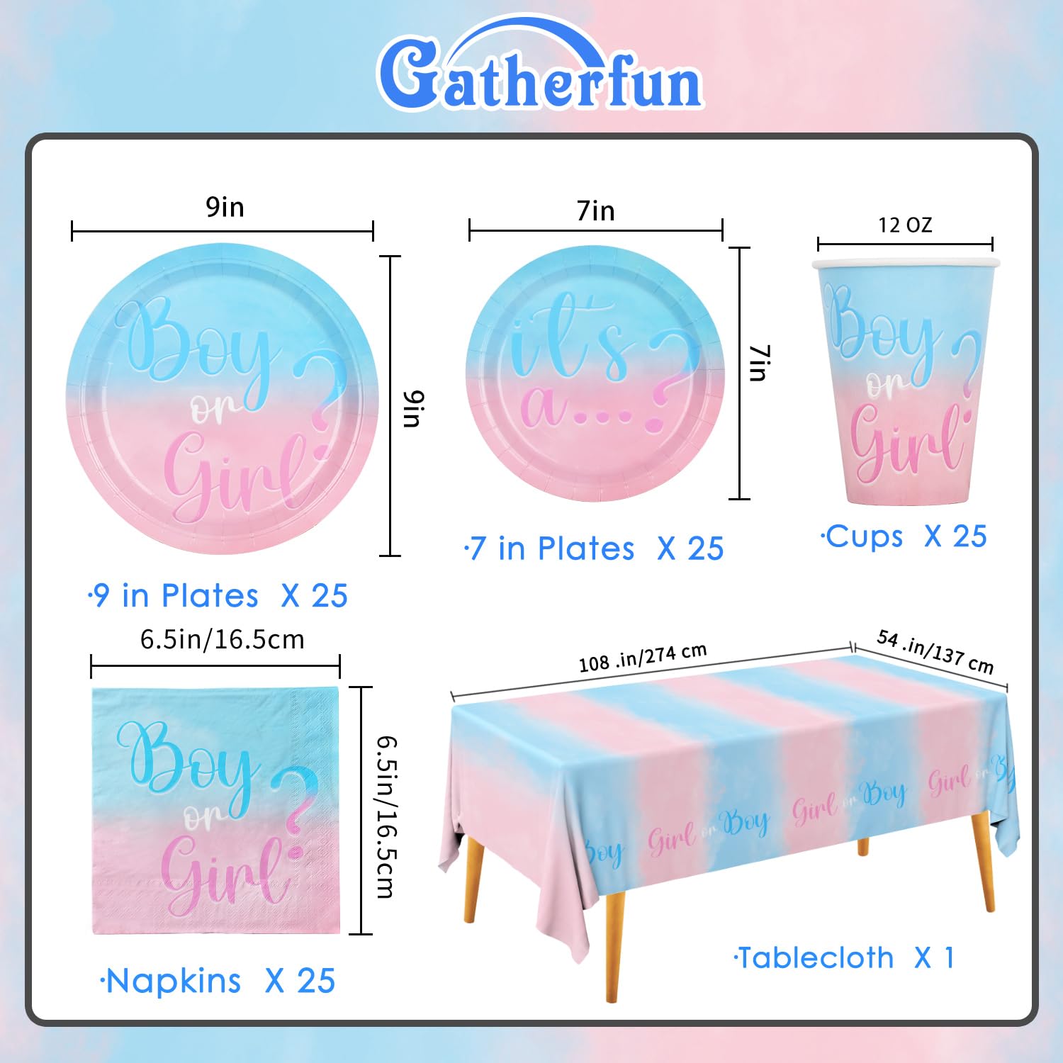 Baby Gender Reveal Party Supplies, Boy or Girl Disposable Paper Plates Napkins Cups Tablecloth for Baby Shower Decorations, Serve 25