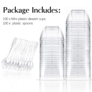 TOFLEN 100ct 2 oz Mini Dessert Cups with Spoons, Clear Plastic Reusable Small Party Serving Cups for Appetizers, Hors D'oeuvres Plates