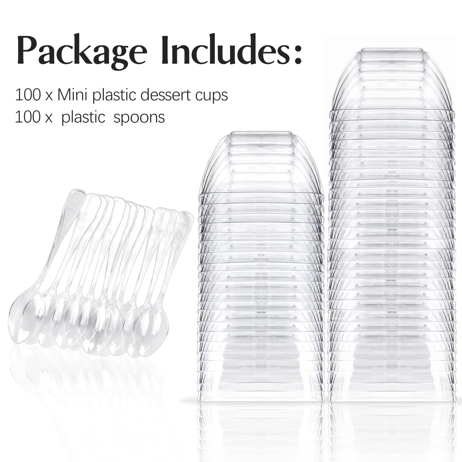 TOFLEN 100ct 2 oz Mini Dessert Cups with Spoons, Clear Plastic Reusable Small Party Serving Cups for Appetizers, Hors D'oeuvres Plates