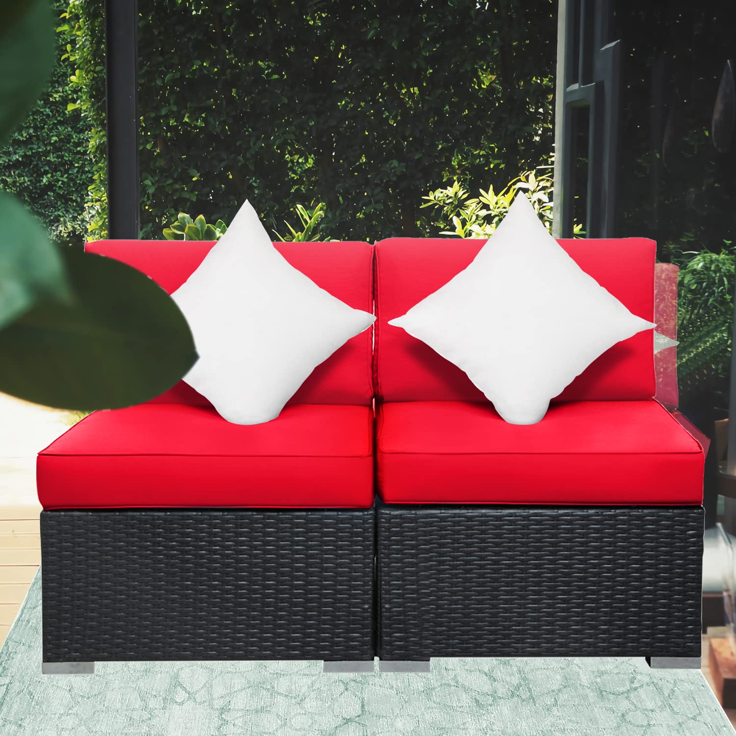 LAZYLAND 2PCs Outdoor PE Wicker Rattan Patio Sofas, with Fade-Resistant Washable Cushions and Pillows, Leisure Conversation kit (Red)