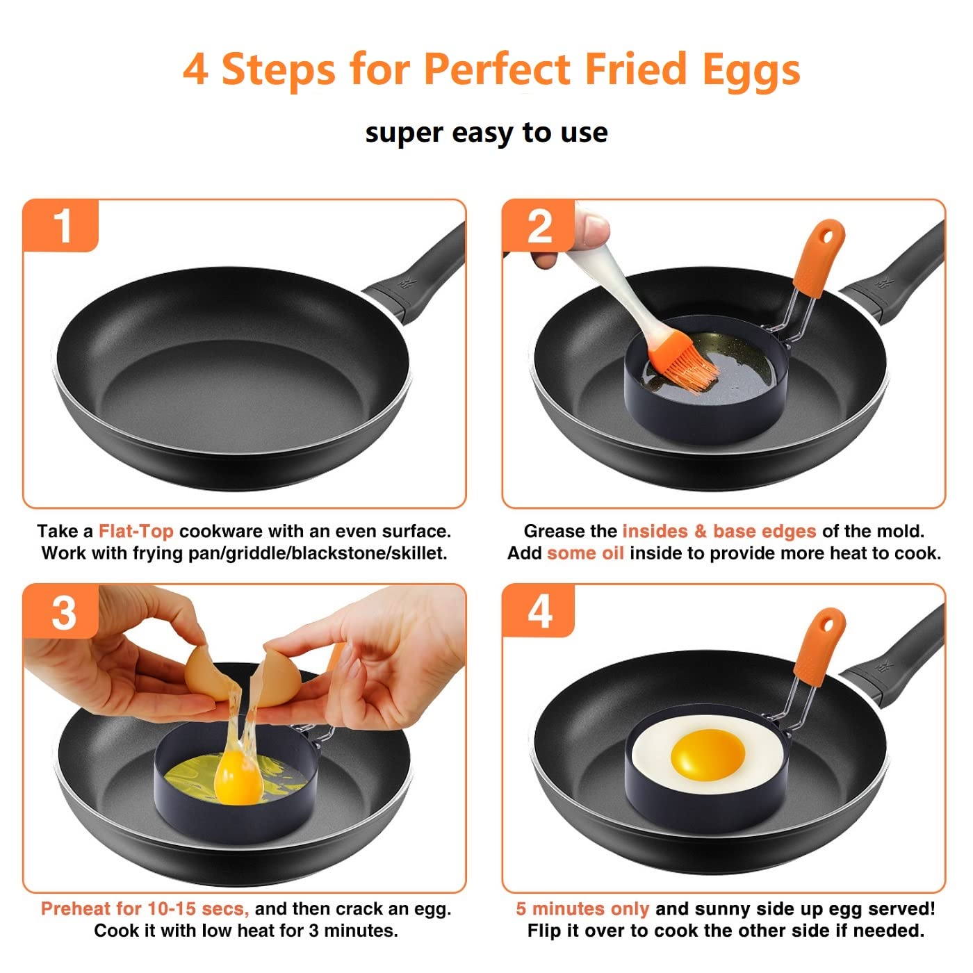 Egg Rings for Frying 4 PCS 3.5 Inch Large Cooking Egg Molds Round Egg Circles, Anti-scald Nonstick Leakproof Egg Mould with Oil Brush