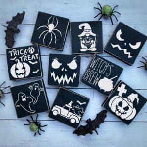 RINOLY 24 PCS Small Halloween Stencils for Painting on Wood, 3x3 inch Halloween Pumpkin Stencils Reusable for DIY Ornaments Halloween Decoration