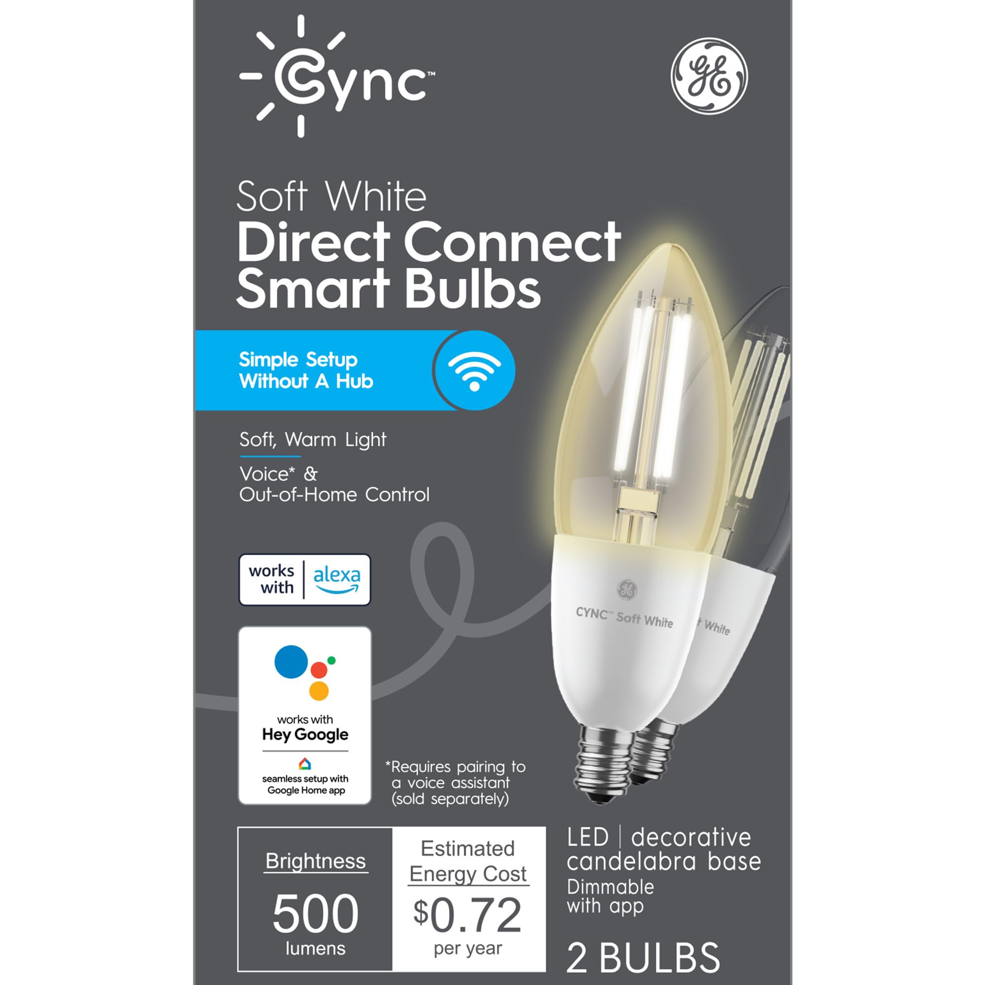 GE CYNC Smart LED Light Bulb, B11 Candle Light Bulb, Works with Amazon Alexa and Google Home, WiFi Light, 60W Equivalent, Soft White, Small Base (Pack of 2)