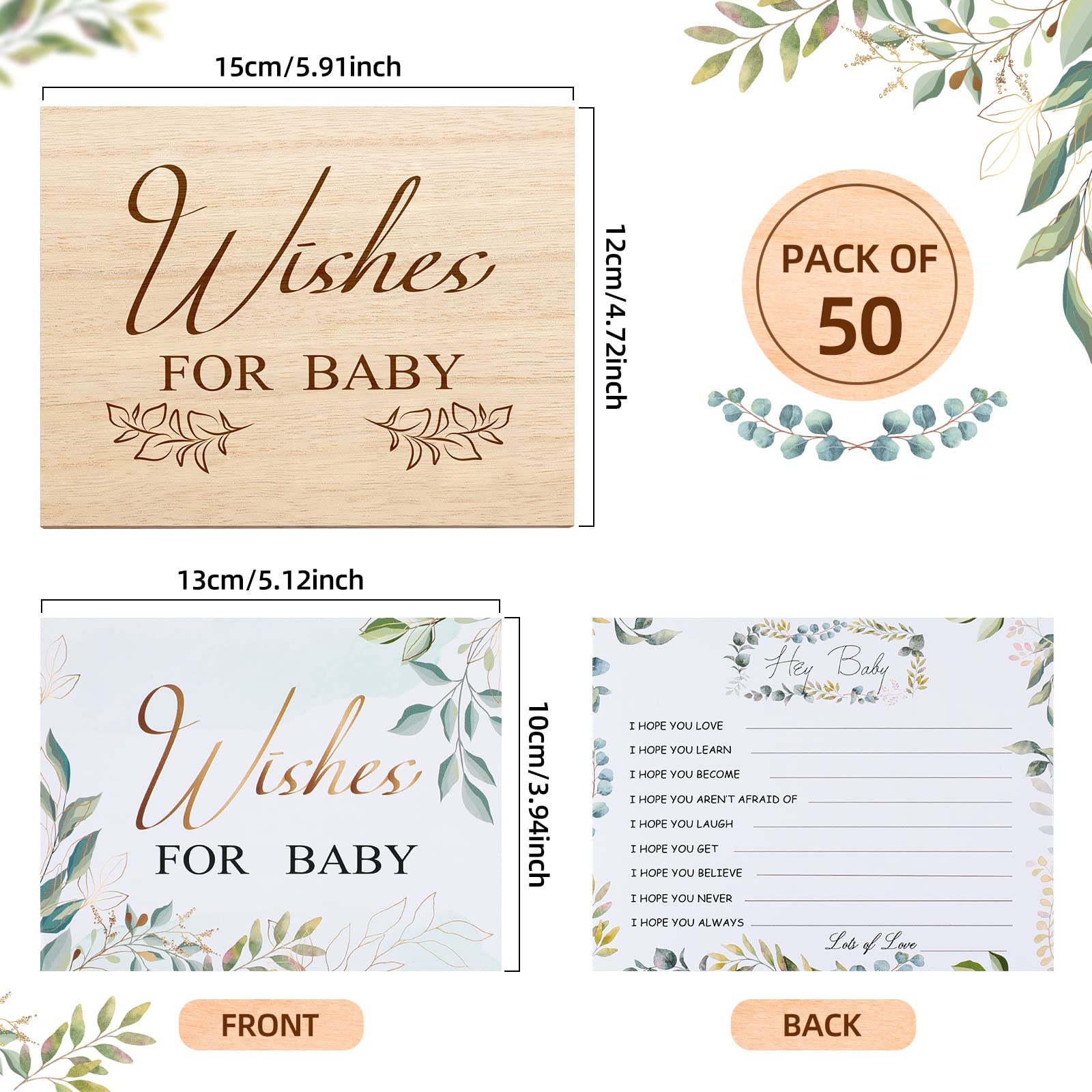 Junkin 50 Pack Baby Shower Advice Cards and Wood Baby Keepsake Box, Baby Advice Cards Wishes for Baby Cards for Baby Shower Games Invitations Gifts, 5 x 4 Inch (Leaves)