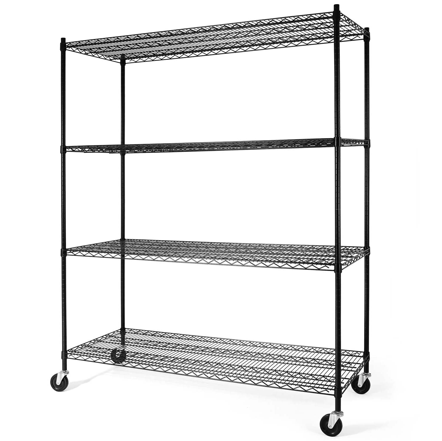 Fencer Wire 4-Tier Commercial Grade Heavy Duty Adjustable Height Wire Shelving w/Casters & Leveling Feet, Garage Shelving Storage Organizer, Storage Metal Steel Shelf, Utility Storage Shelf, Black..