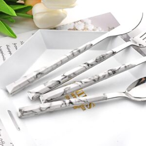 Snplowum 20 Piece (4 Set) Silver Stainless Steel Tableware With White Marble Handle, Wedding Cutlery And Daily Use, Silverware For Home Restaurant Party, Mirror Finished