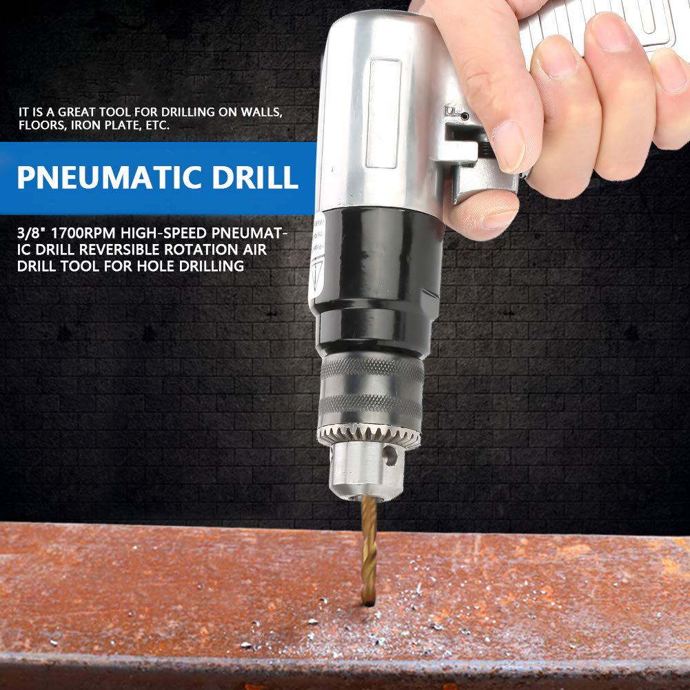 3/8" Pneumatic Drill,Reversible Air Drill,1700rpm High-Speed Pneumatic Drill Reversible Rotation Air Drill Tool,Variable Speed Trigger, Forward & Reverse Controls for Hole Drilling