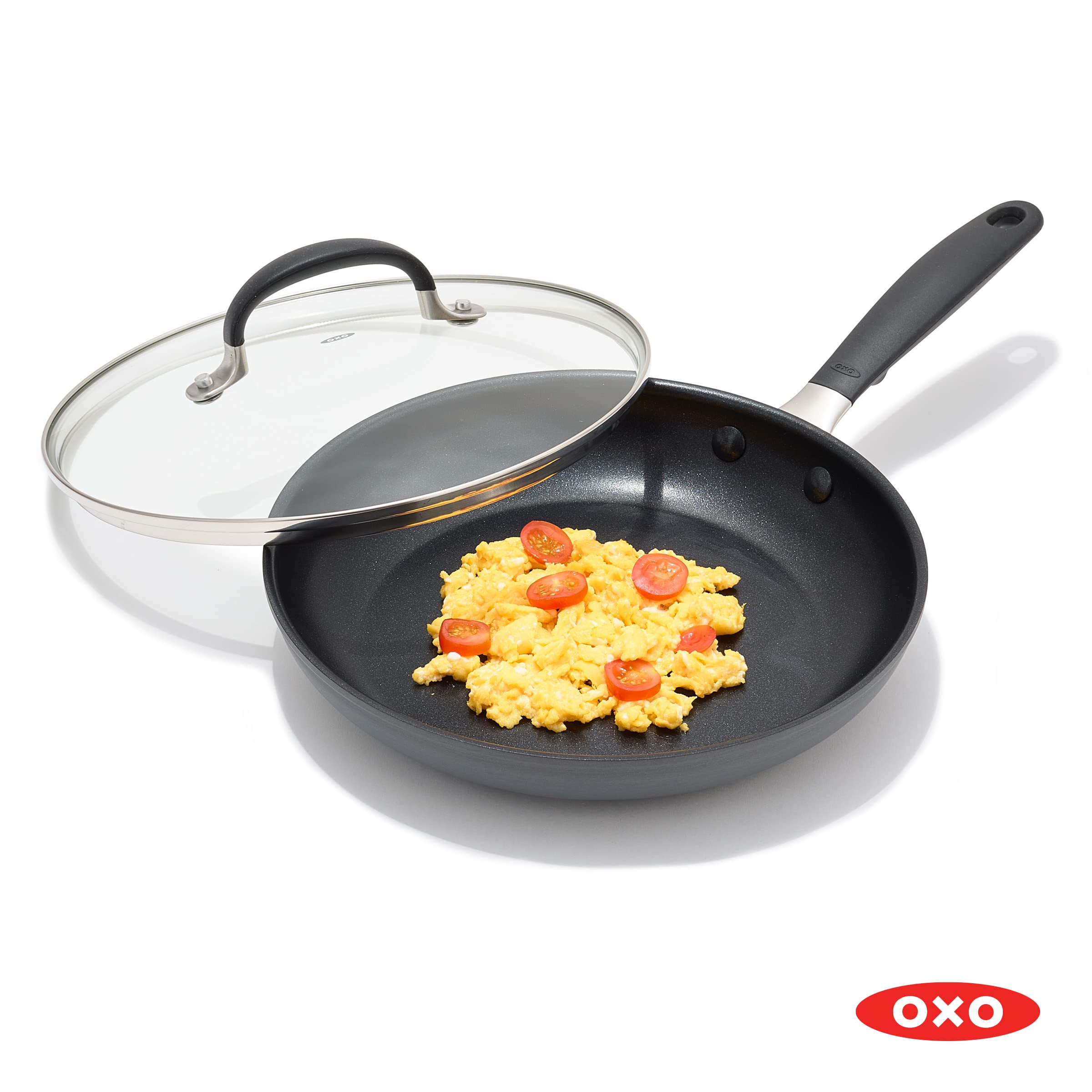 OXO Good Grips 9.5" Frying Pan Skillet with Lid, 3-Layered German Engineered Nonstick Coating, Stainless Steel Handle with Nonslip Silicone, Black