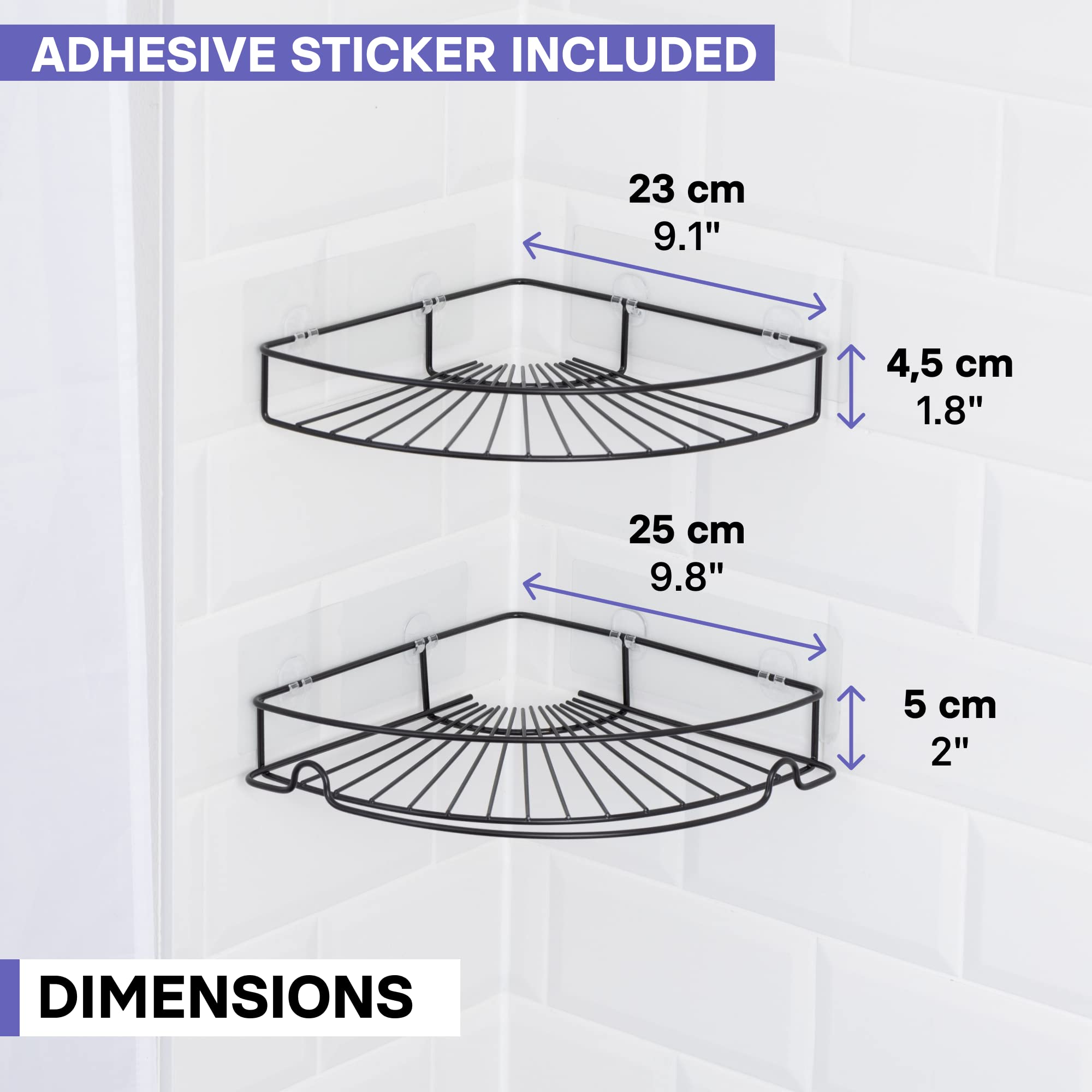 KINCMAX Corner Shower Caddy, Rustproof SUS304 Stainless Steel, Adhesive Wall Mount Double Baskets 2-pack with Built-in Towel Bar (Matte Black)