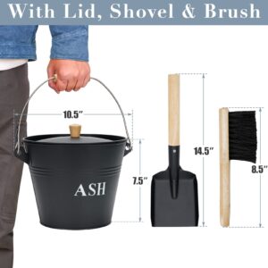 Mini Ash Bucket with Lid, Shovel and Broom, 1.5 Gallon Fireplace Metal Bucket with Lid, Charcoal Bucket and Ash Can for Fireplace, Fire Pits, Hearth, Wood Burning Stoves, Indoor and Outdoor