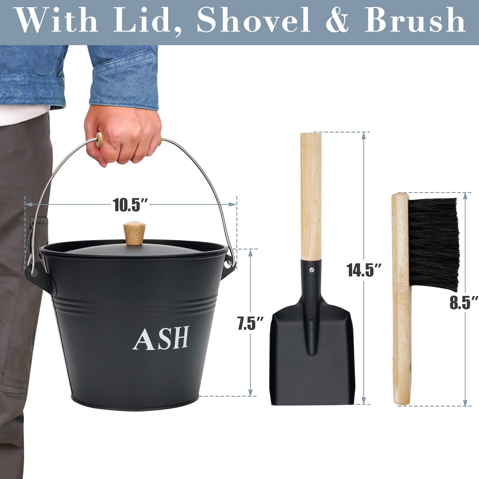 Mini Ash Bucket with Lid, Shovel and Broom, 1.5 Gallon Fireplace Metal Bucket with Lid, Charcoal Bucket and Ash Can for Fireplace, Fire Pits, Hearth, Wood Burning Stoves, Indoor and Outdoor