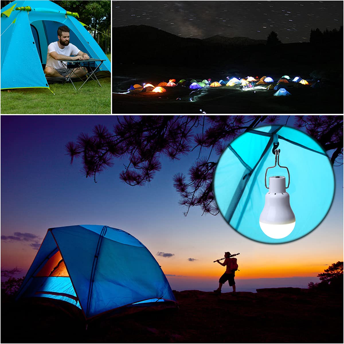 FLRONGSUN Solar Bulb Light 350LM Solar Powered Portable Camping Light Led Lantern Outdoor Lamp Hiking Fishing Tent Indoor Shed Chicken Coop Hurricane Emergency Chargeable(Pack of 2+Remote Control)