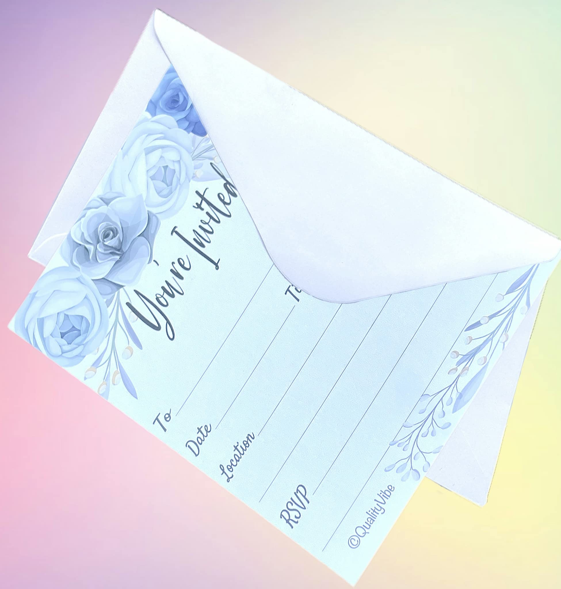 25 Gray & Blue Flower Invitations With Envelopes, Fill In Style You're Invited, Elegant Gray, Birthdays, Baby & Bridal Showers. Thick & Non Coated Cardstock For Use With Any Pen.