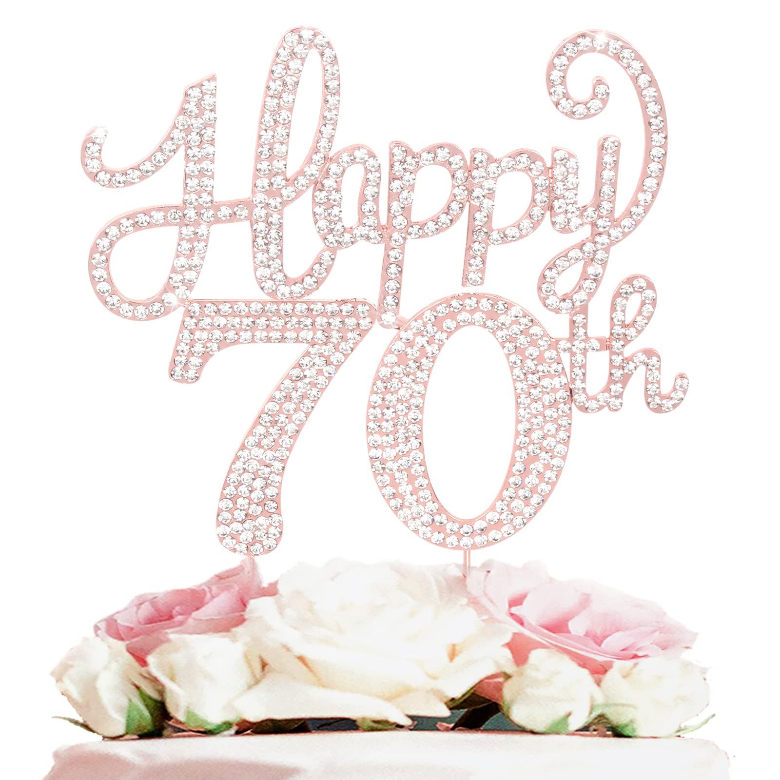 Happy 70th Birthday Rose Gold Rhinestone Cake Topper - 70th Birthday/Anniversary,Cheers to Seventy Years Old Bday Party Metal Sparkly Centerpieces Decorations.