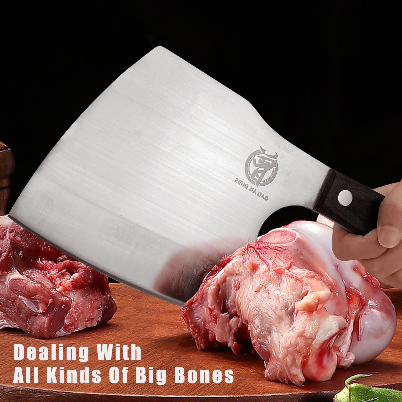 ZENG JIA DAO Big Bone Cutting Cleaver Knife - Super Heavy Duty Meat Axe Cleaver- Butcher Knife - Forged HC Steel - Black Pakka Wood Handle - Restaurant Farm Slaughterhouse Gift