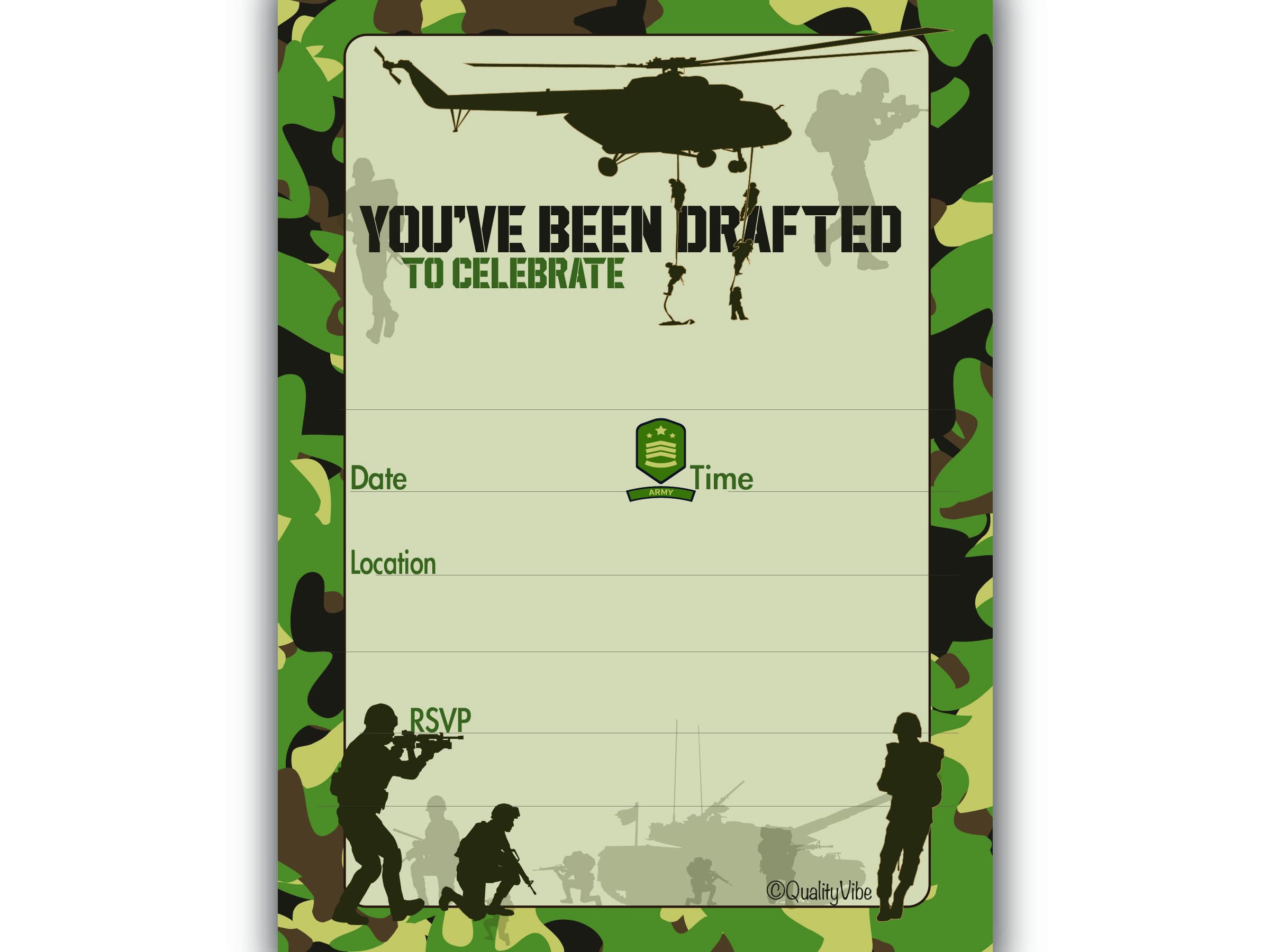 25 Army Birthday Invitations With Envelopes, Fill In Style You're Invited For Camo Military Theme Birthday Parties Or Sleepover. Camouflage Military, Special Forces Or Secret Operation Theme. Thick &