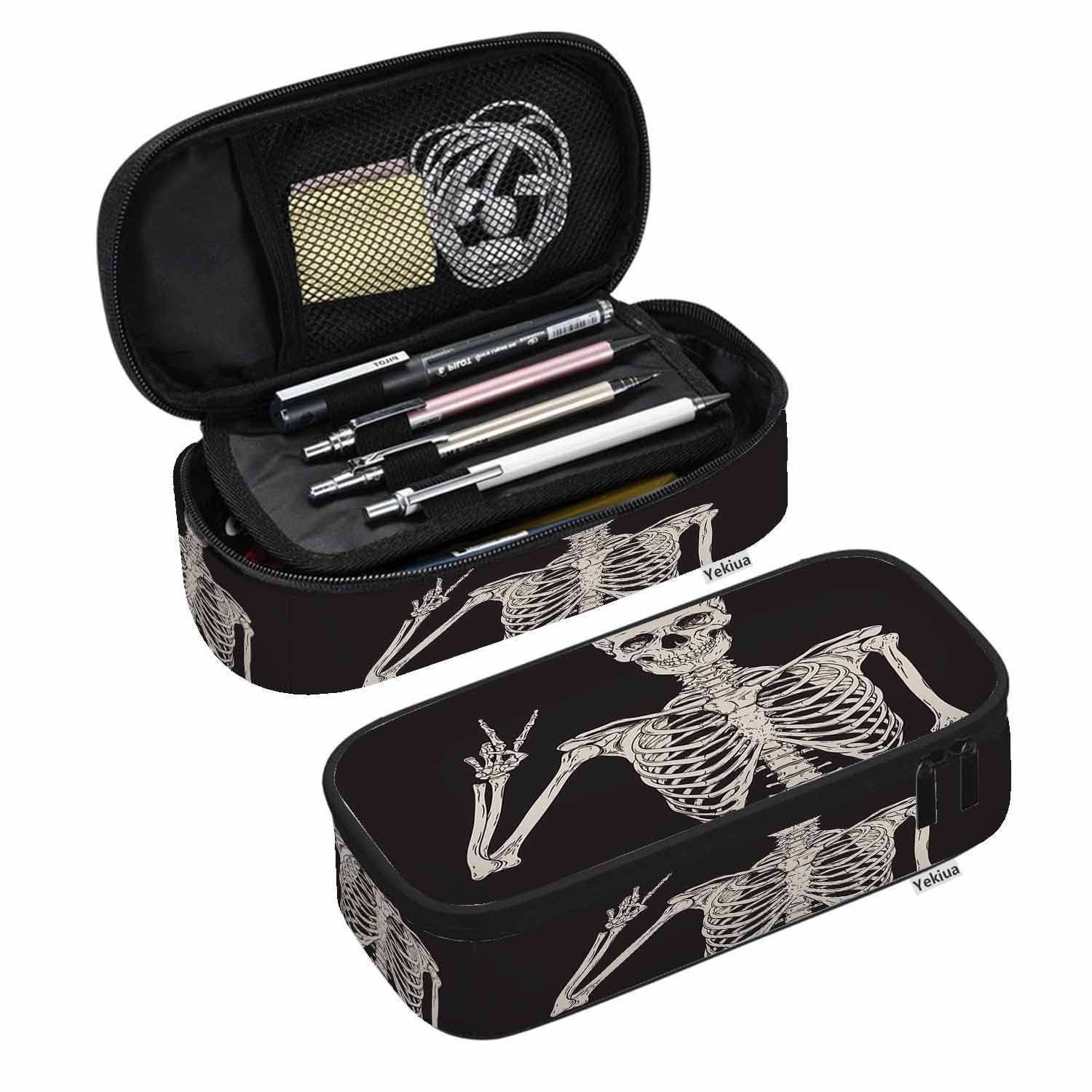 Yekiua Human Skeleton Posing Pen Bag Rock Roll Skull Boho Hippie Large Pencil Case Big Capacity Pencil Pouch Pencil Holder Black