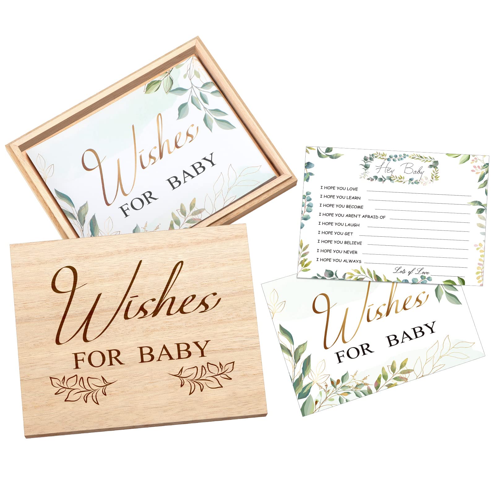 Junkin 50 Pack Baby Shower Advice Cards and Wood Baby Keepsake Box, Baby Advice Cards Wishes for Baby Cards for Baby Shower Games Invitations Gifts, 5 x 4 Inch (Leaves)