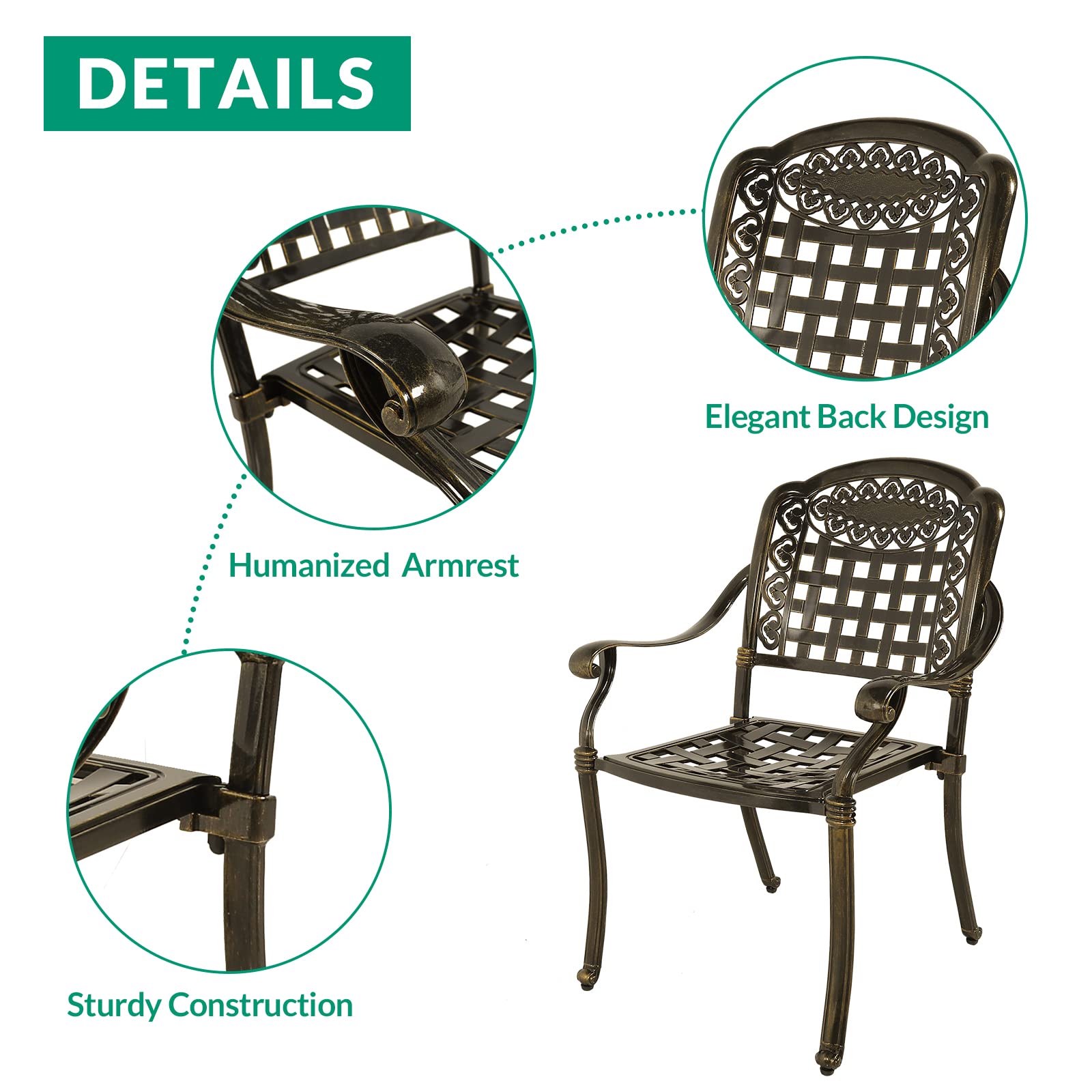 VIVIJASON 5-Piece Outdoor Patio Furniture Dining Set, All-Weather Cast Aluminum Conversation Set, Include 4 Chairs and 38.5" Round Table w/Umbrella Hole for Balcony, Lawn, Garden, Backyard