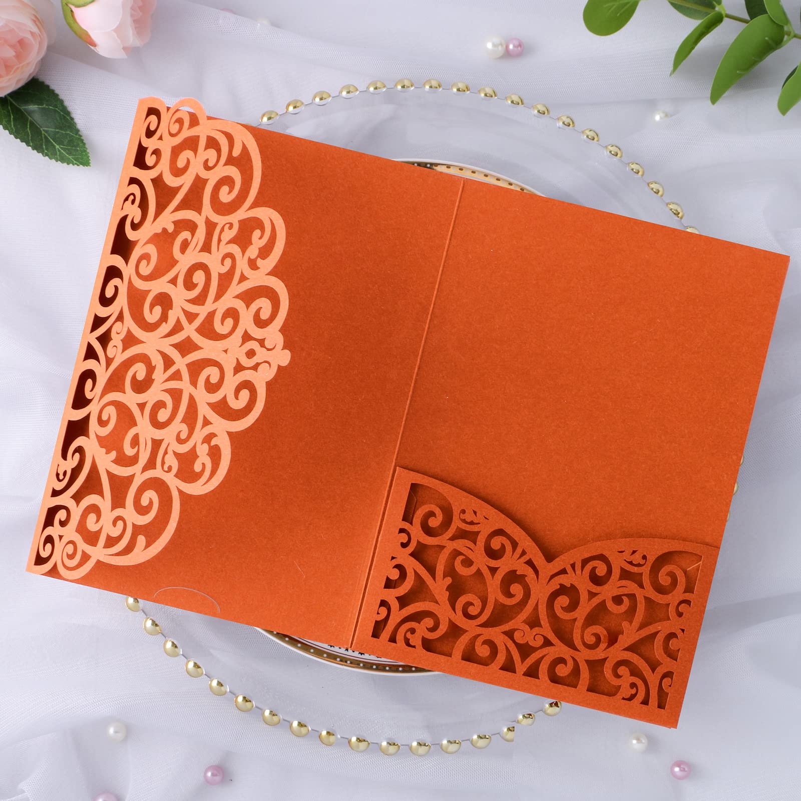 PONATIA 20 PCS Laser Cut Invitations Pockets, Terracotta Wedding Invitations with Envelopes for Wedding Party Bridal Shower Engagement Birthday Invite,Autumn Wedding Invitations