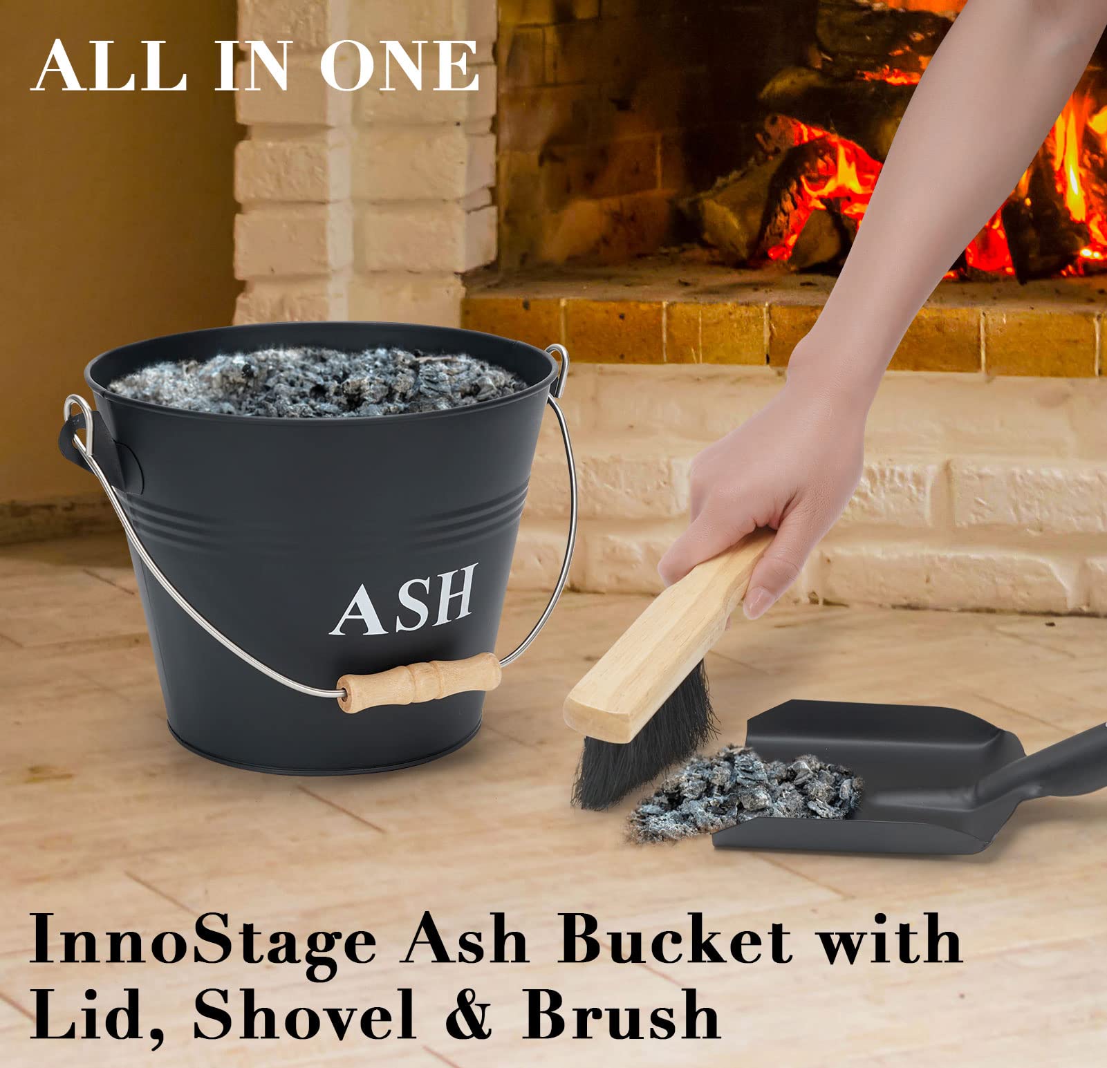 Mini Ash Bucket with Lid, Shovel and Broom, 1.5 Gallon Fireplace Metal Bucket with Lid, Charcoal Bucket and Ash Can for Fireplace, Fire Pits, Hearth, Wood Burning Stoves, Indoor and Outdoor