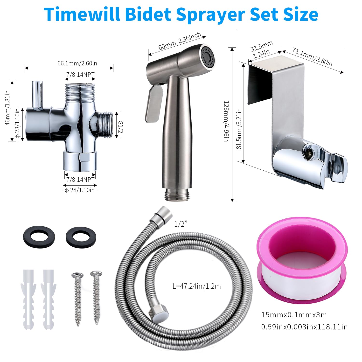 Bidet Sprayer for Toilet,Timewill Stainless Steel Handheld Bidet Bathroom Hand Shower for Muslim Toilet Water Sprayer Jet Spray Cloth Diaper Sprayer Set Pets Shower Feminine Hygiene Cleaning