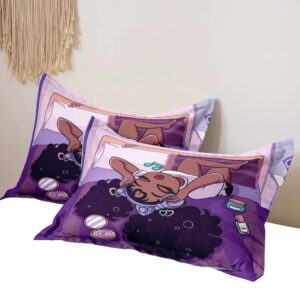 kodhyvj Black African American Girls Duvet Cover Sets, Pretty Afro Black Girl Bedding Sets, Black Girl Love Music Purple Bedding Set, Twin Size for Black Womens Girls Kids Room Gifts No Comforter