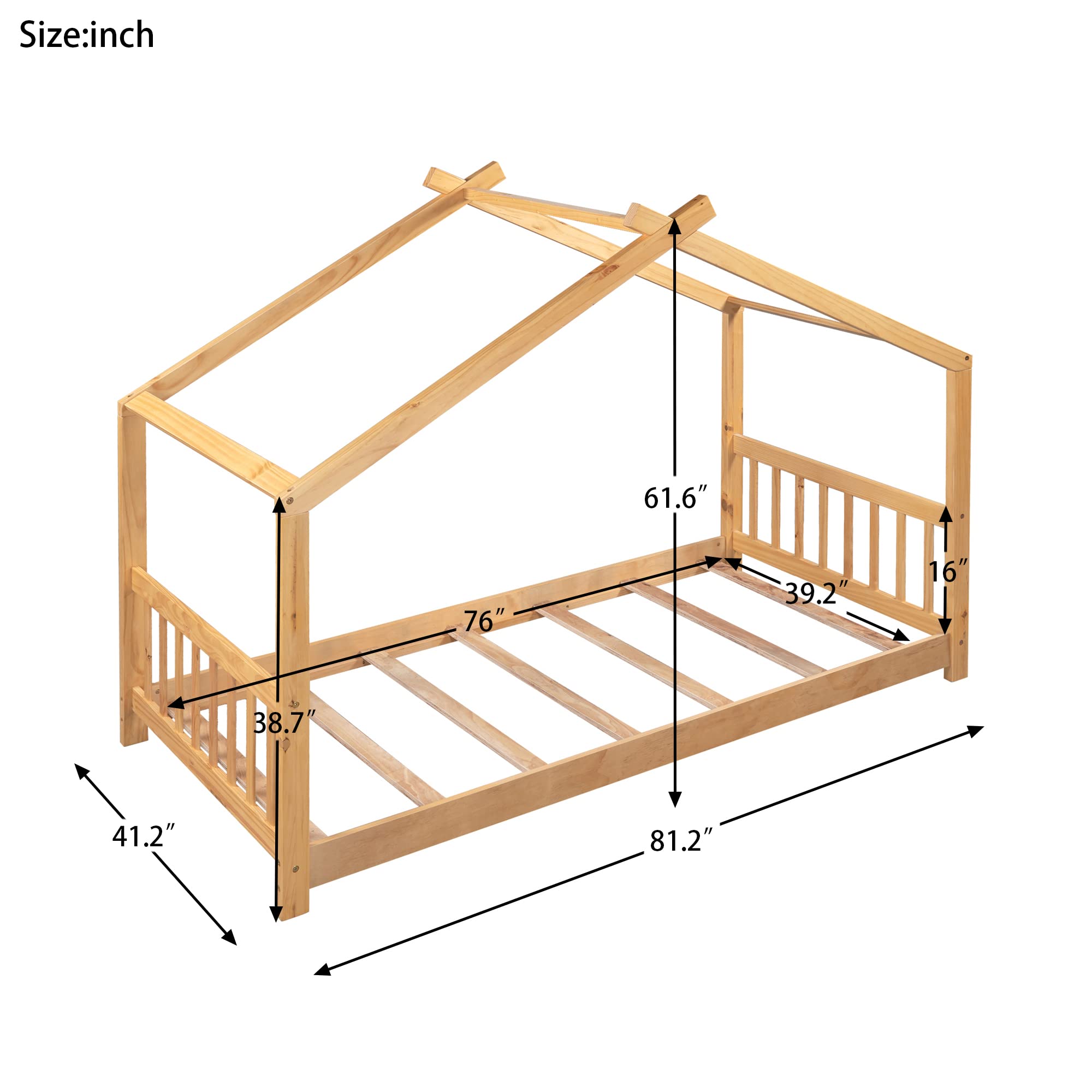 Merax Twin Size Wood House Bed with Roof, Headboard and Footboard, No Box Spring Needed, Natural