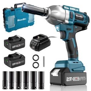 seesii cordless electric impact wrench 1/2 inch for car home, 665ft-lbs(900n.m) brushless, 3300rpm high torque gun w/ 2x 4.0ah battery,charger & 6 sockets, wh710