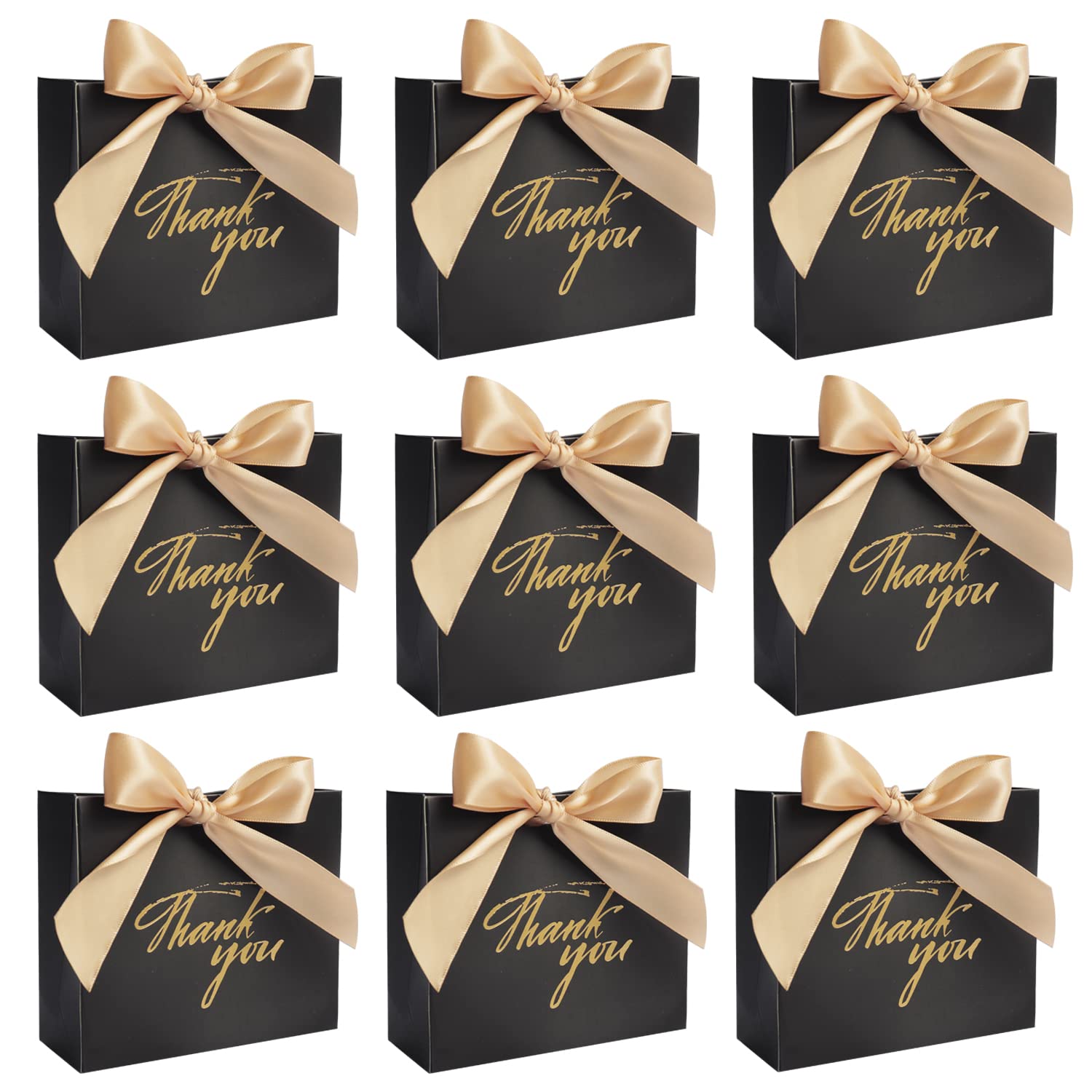 DECHISY 24Pack Small Thank You Gift Bag Party Favor Bags Treat Boxes with Gold Bow Ribbon, Black Paper Gift Bags Bulk for Wedding Baby Shower Business Party Supplies