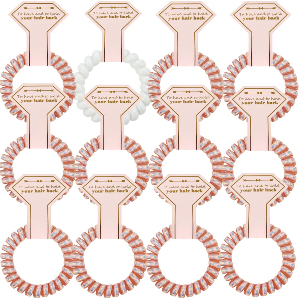 Hasoar 12 Count Hair Ties, Silver Spiral Hair Scrunchies with Diamond Laser Card, Bridesmaid Gifts for Bachelorette Party, Bridal Wedding women Parties Decorations Favors gifts (White & Rose Gold)