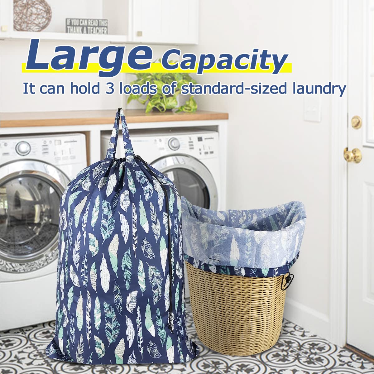 ZHMAIBDM Large Laundry Bag with Handles, Washable Large Dirty Clothes, Drawstring Organizer Bag, Fit Hamper Basket Camp Travel Home College Dorm, 26x39 inch, Navy Blue