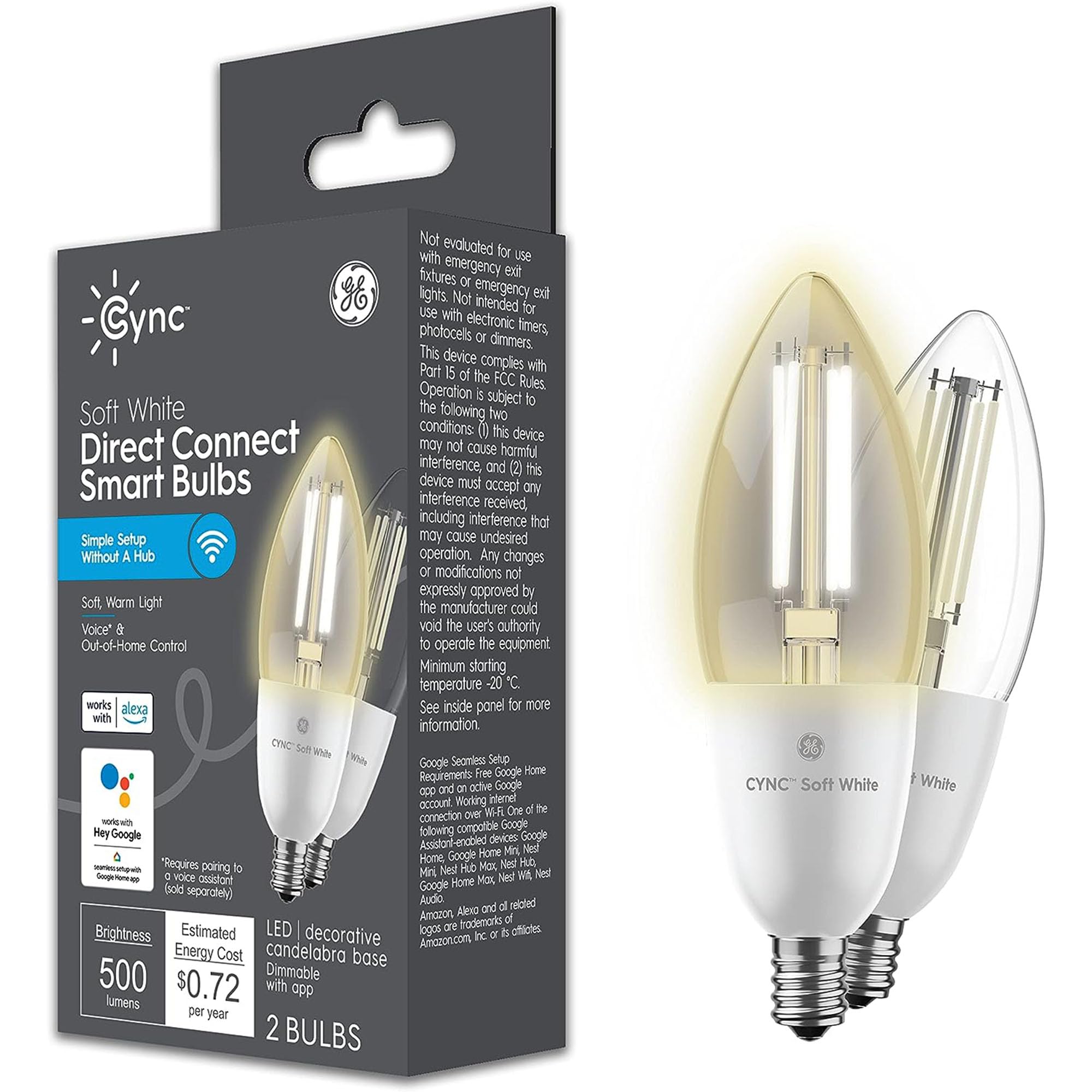 GE CYNC Smart LED Light Bulb, B11 Candle Light Bulb, Works with Amazon Alexa and Google Home, WiFi Light, 60W Equivalent, Soft White, Small Base (Pack of 2)