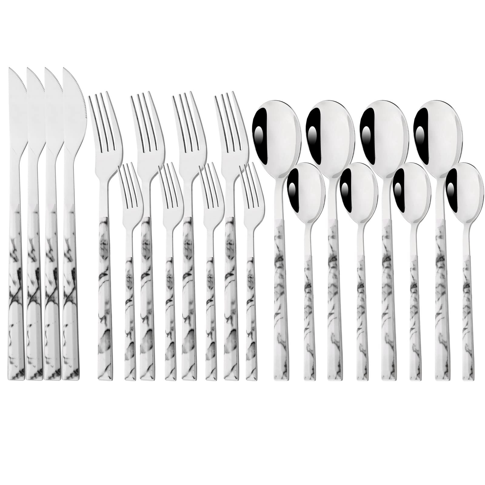 Snplowum 20 Piece (4 Set) Silver Stainless Steel Tableware With White Marble Handle, Wedding Cutlery And Daily Use, Silverware For Home Restaurant Party, Mirror Finished