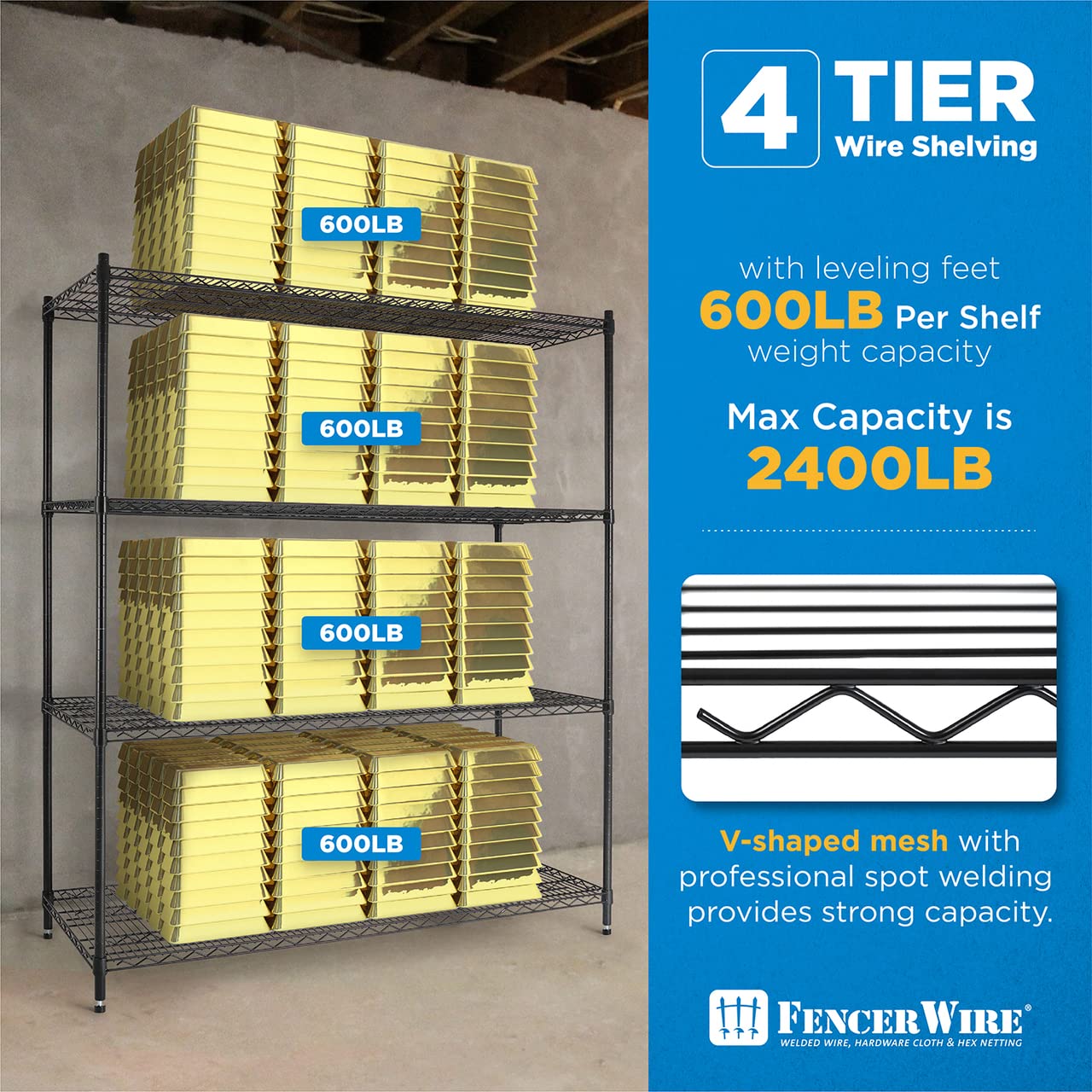 Fencer Wire 4-Tier Commercial Grade Heavy Duty Adjustable Height Wire Shelving w/Casters & Leveling Feet, Garage Shelving Storage Organizer, Storage Metal Steel Shelf, Utility Storage Shelf, Black..