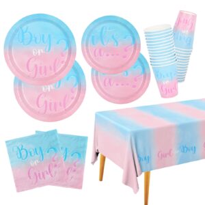 baby gender reveal party supplies, boy or girl disposable paper plates napkins cups tablecloth for baby shower decorations, serve 25