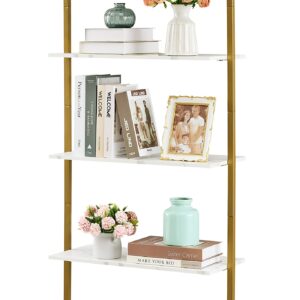 Tajsoon 5-Tier Ladder Shelf, Large Wall Mount Bookshelf with Metal Frame, Open Display Shelves for Living Room, Bedroom, Home, Plant Flower, White & Gold