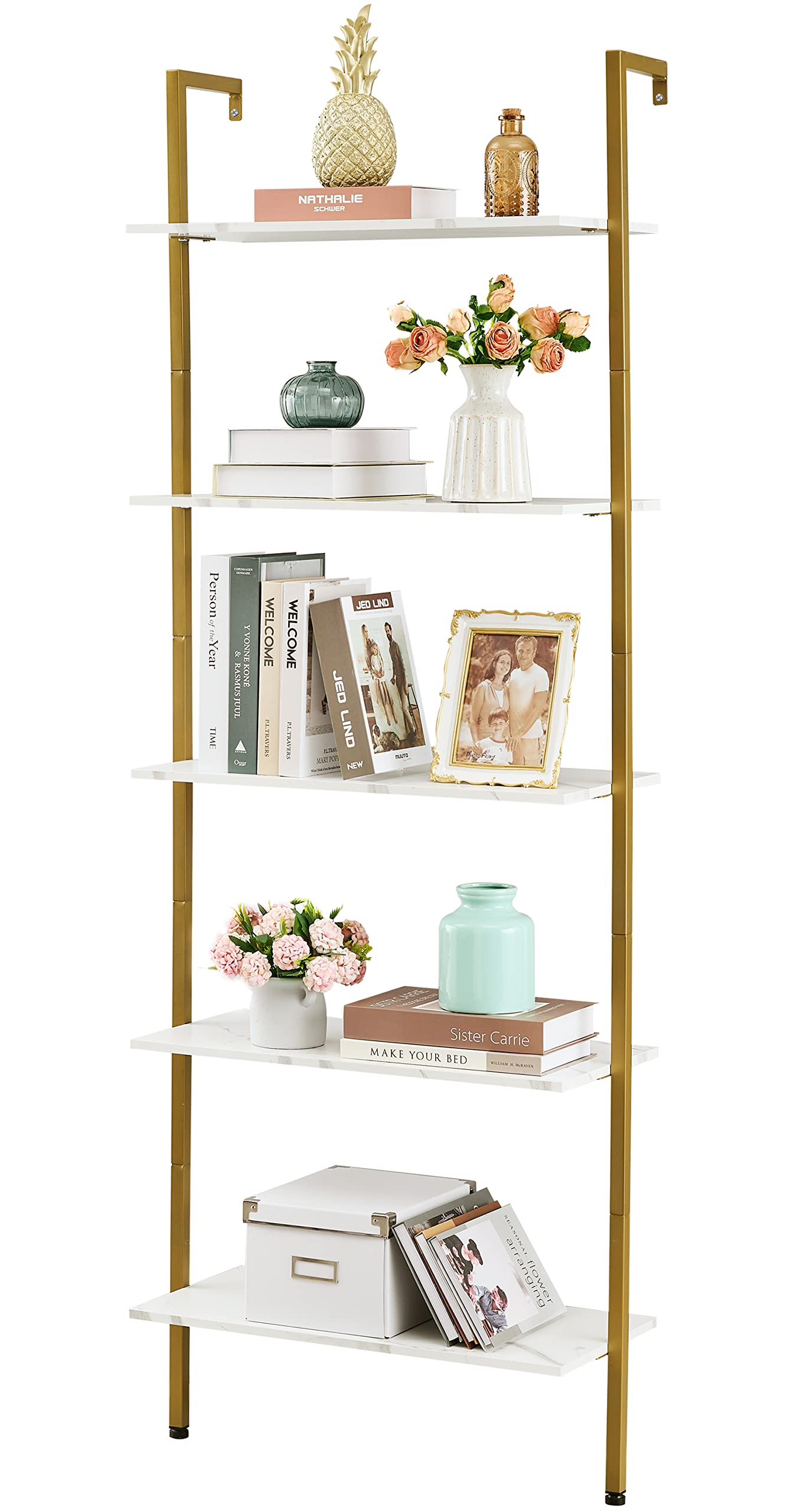 Tajsoon 5-Tier Ladder Shelf, Large Wall Mount Bookshelf with Metal Frame, Open Display Shelves for Living Room, Bedroom, Home, Plant Flower, White & Gold