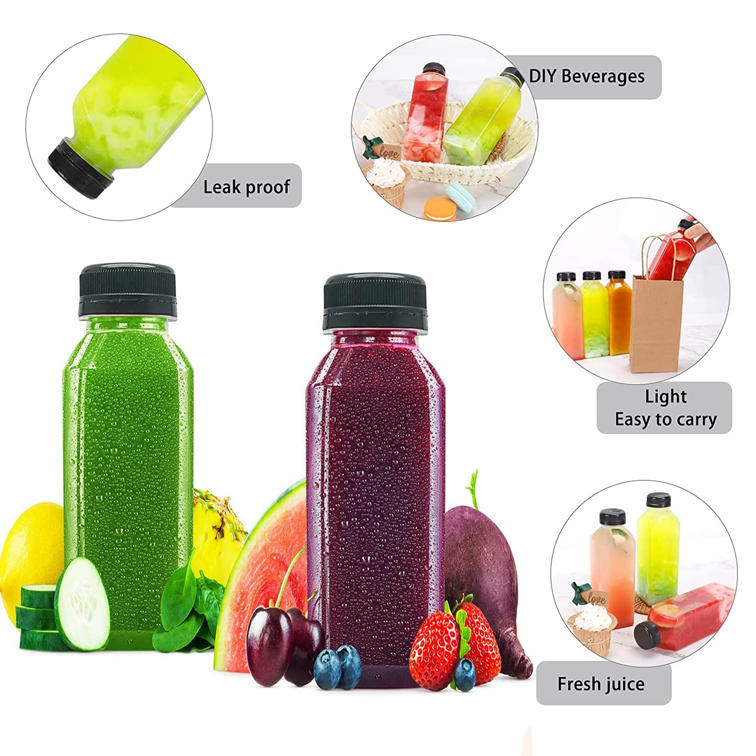 10 OZ Plastic Juice Bottles, Reusable Bulk Beverage Containers, for Juice, Milk and Other Beverages, 4 Pcs.